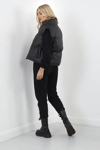 BLACK MATTE PU HIGH NECK PUFFER GILET