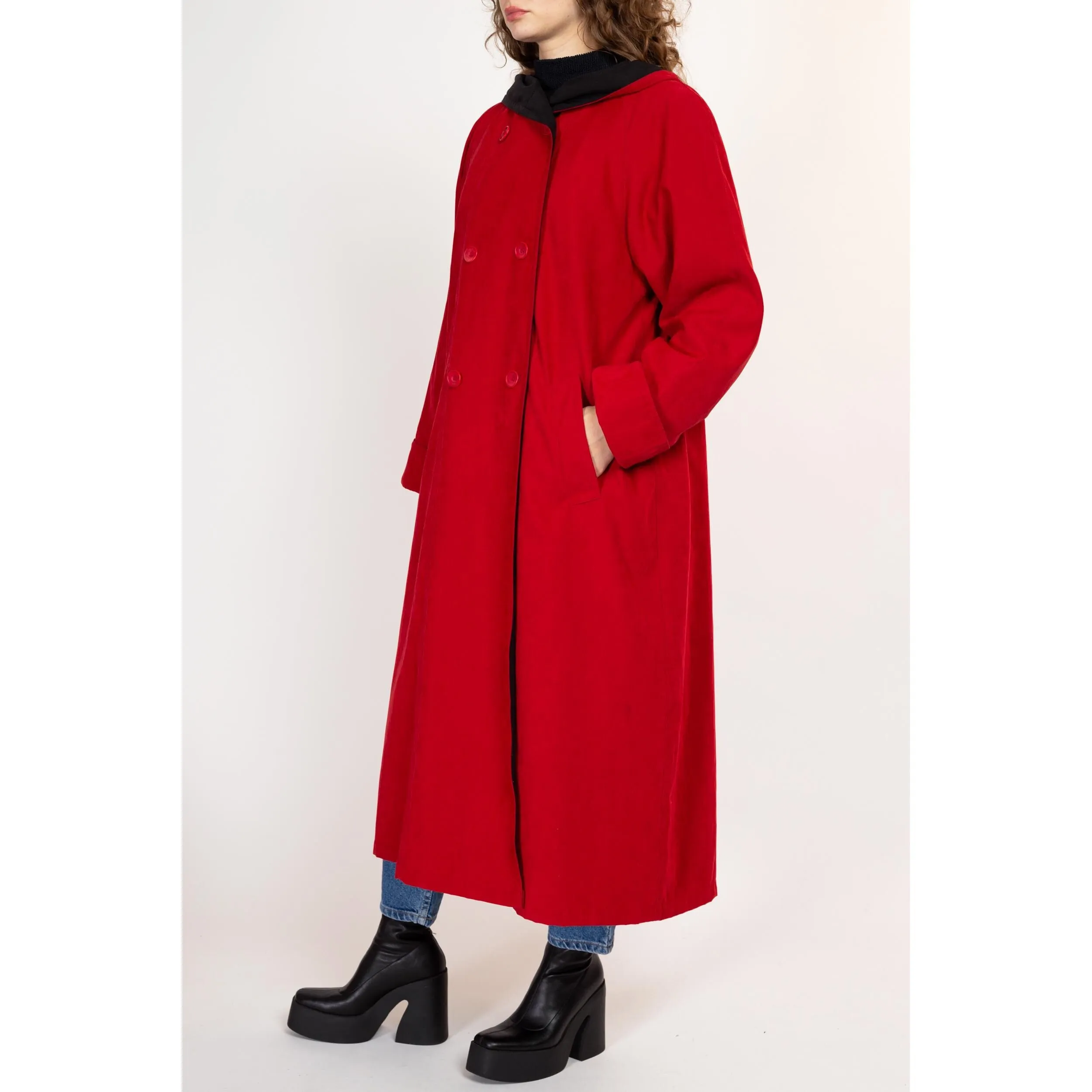 Large 90s Red Ultrasuede Hooded Trench Coat