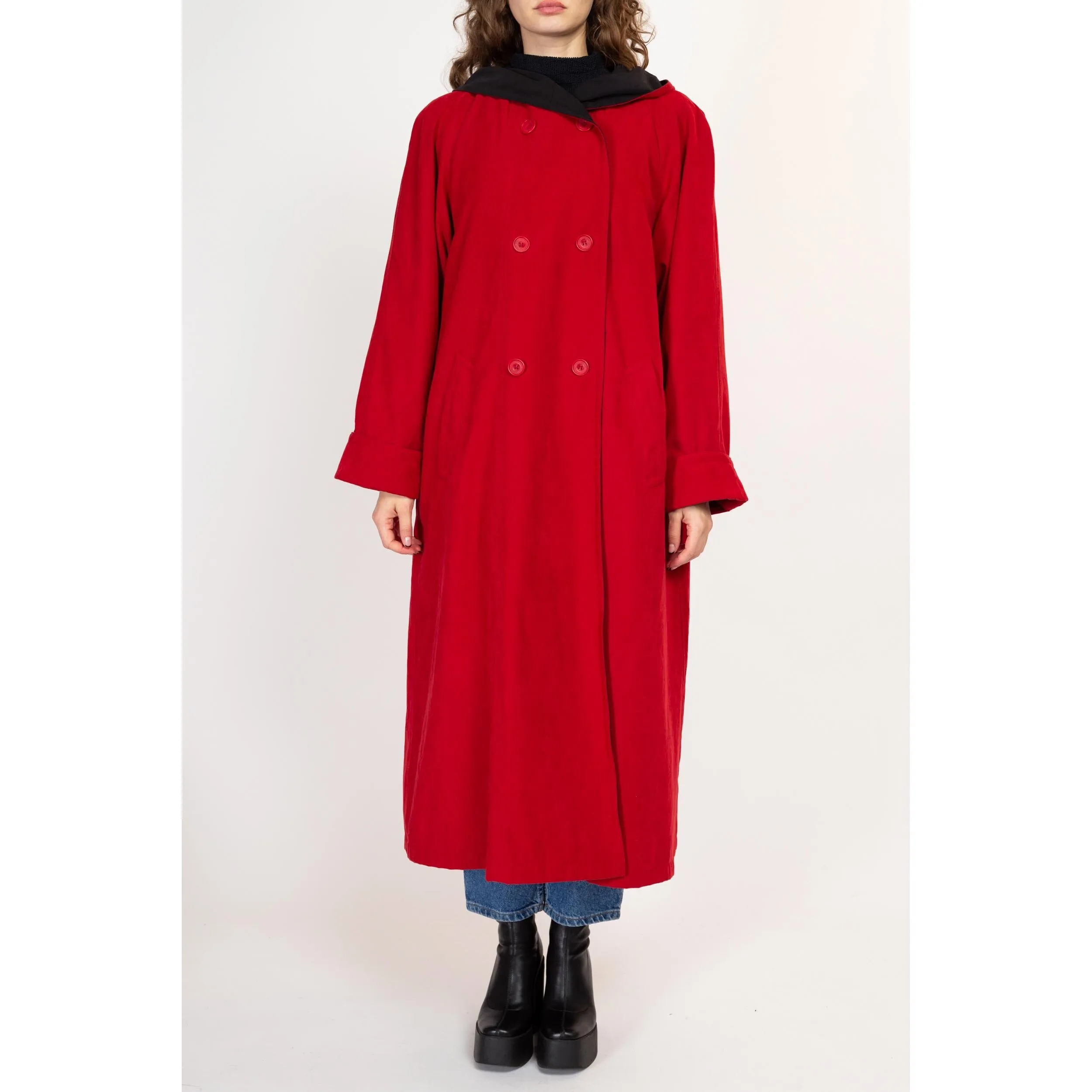 Large 90s Red Ultrasuede Hooded Trench Coat