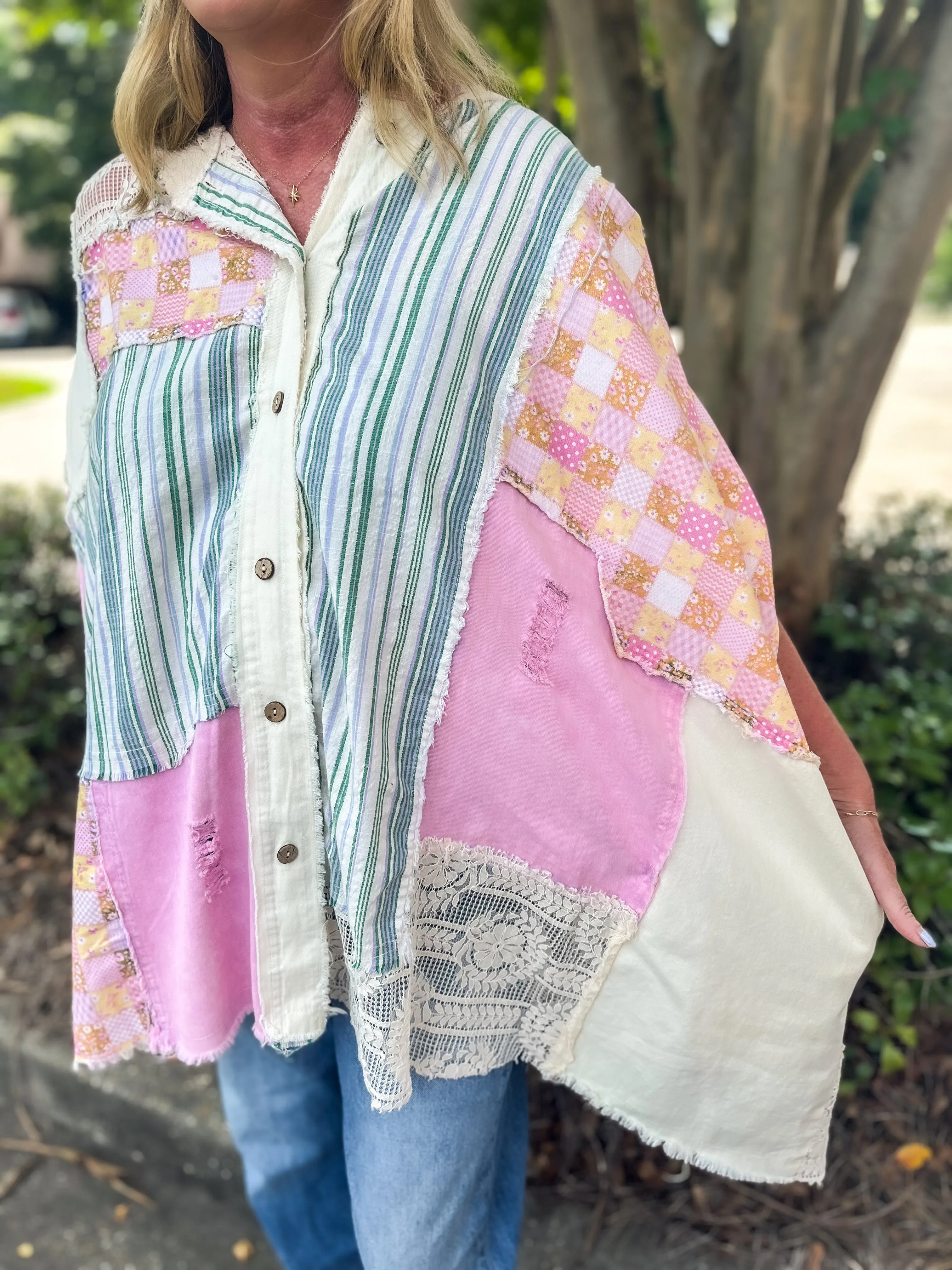 Lavender Haze Mixed Print Button Down Hoodie Poncho Top