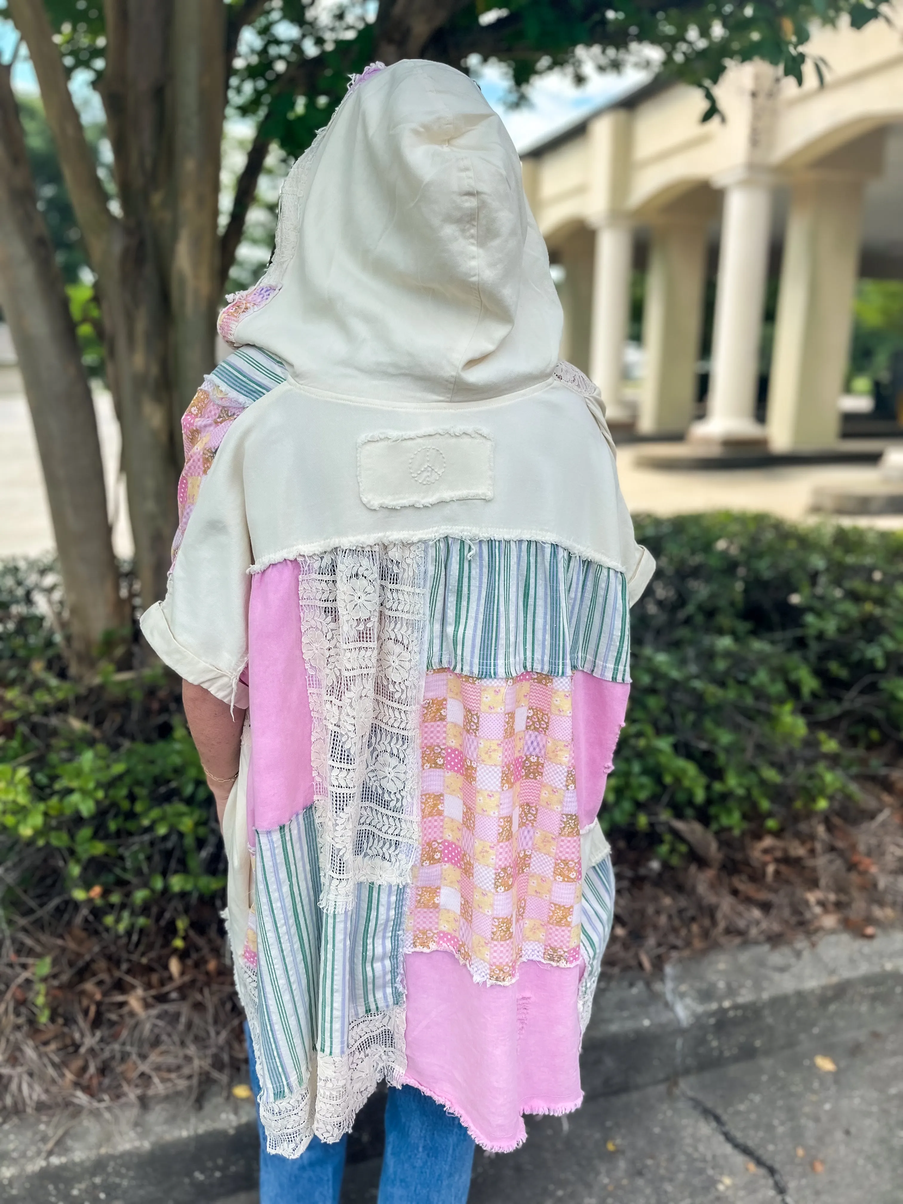 Lavender Haze Mixed Print Button Down Hoodie Poncho Top